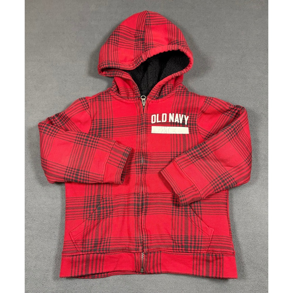 Old Navy Hooded Sweatshirt Boys 5T Red Plaid Sherpa Lined Full Zip Jacket